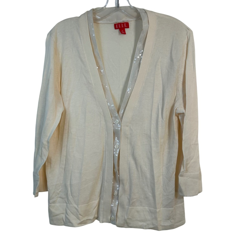 Elle Cream Sequin Trim Button Front Cardigan Sweater XL Ivory 3/4 Sleeve‎